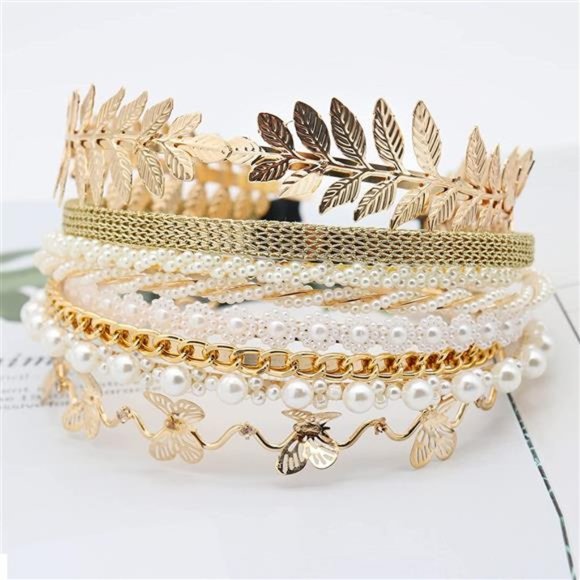 8 PCS Headbands for Women  Gold Pearls Bridal Wedding Hair Accessories main image 4
